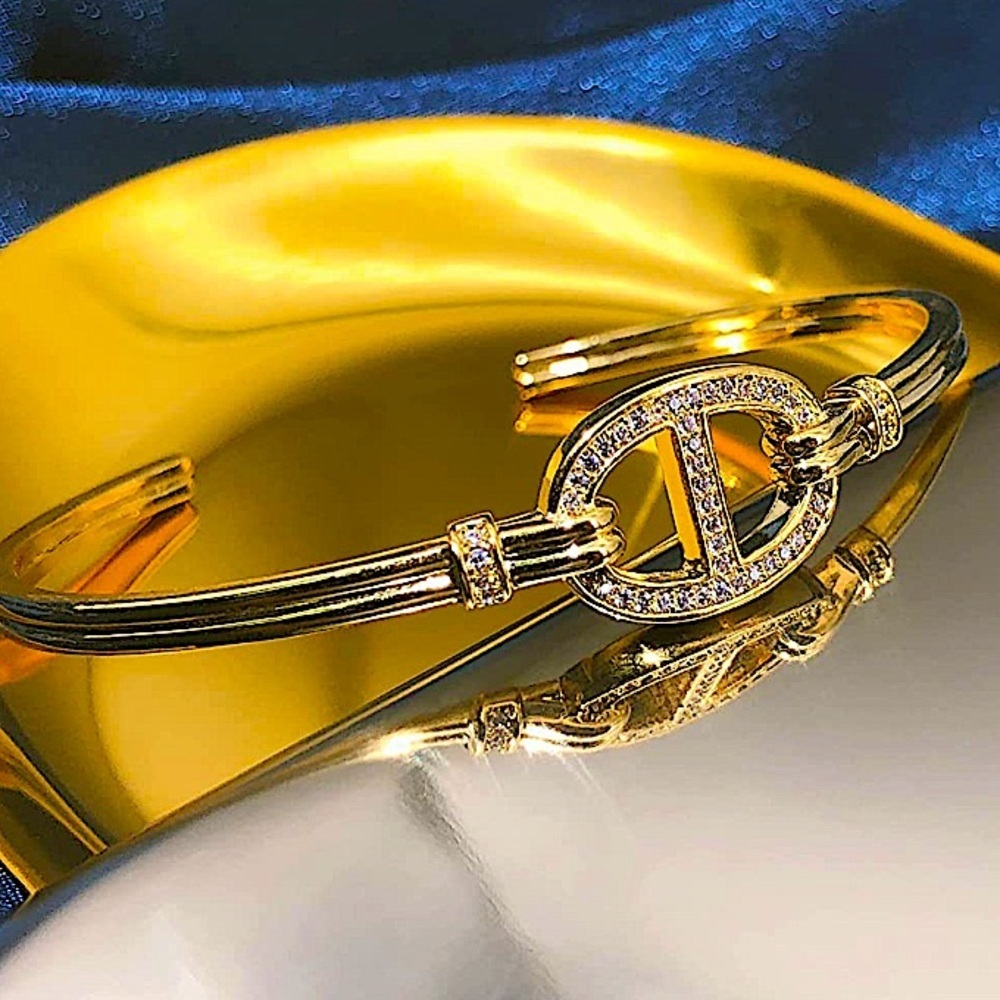 Gold Plated Mariner Coffee Bean Zircon Bangle Cuff Bracelet